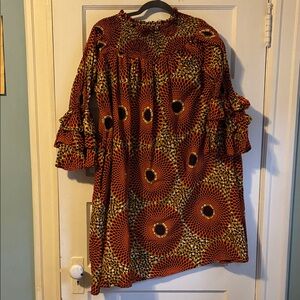 NF Bold Geometric Print Oversized Ruffled Sleeve Dress - Orange, Brown & Gold OS